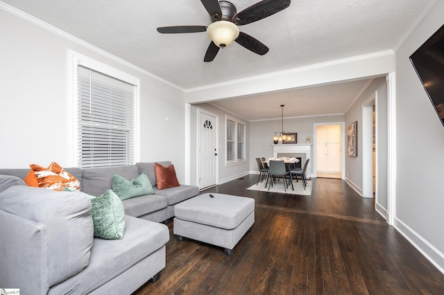 living area with a textured ceiling, ornamental molding, wood-type flooring, and baseboards