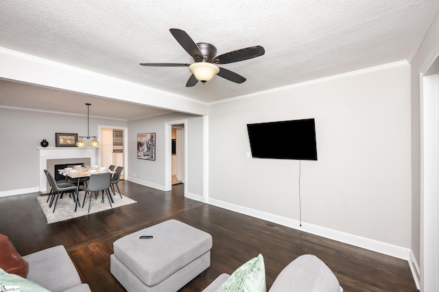 living room with a textured ceiling, ornamental molding, and wood finished floors