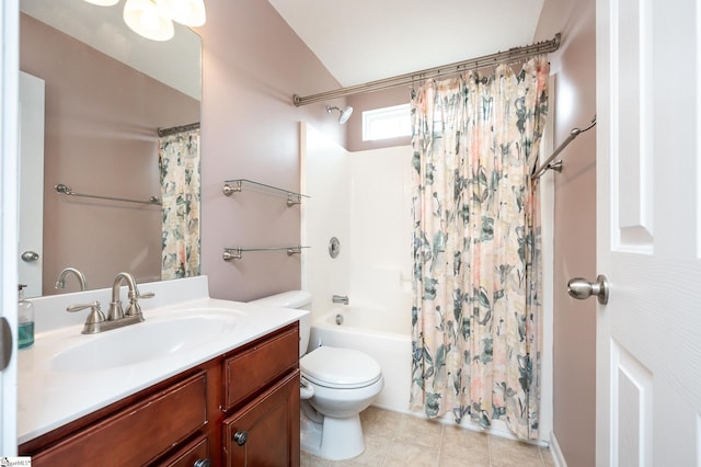 full bath with toilet, tile patterned flooring, shower / bath combination with curtain, and vanity