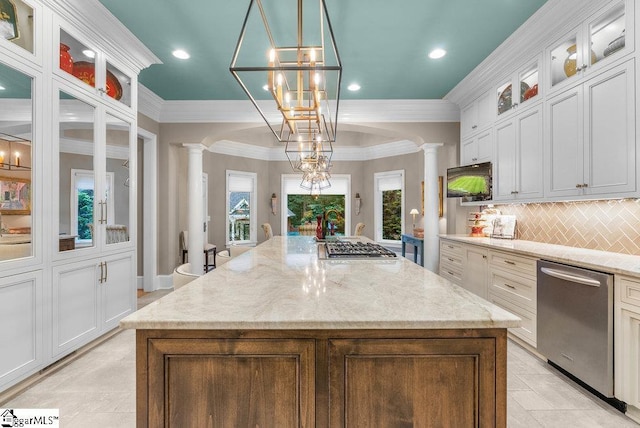 1212 Stillwater Dr, Seneca, SC 29678 - kitchen with tasteful backsplash, decorative columns, white cabinets, a center island, and stainless steel appliances