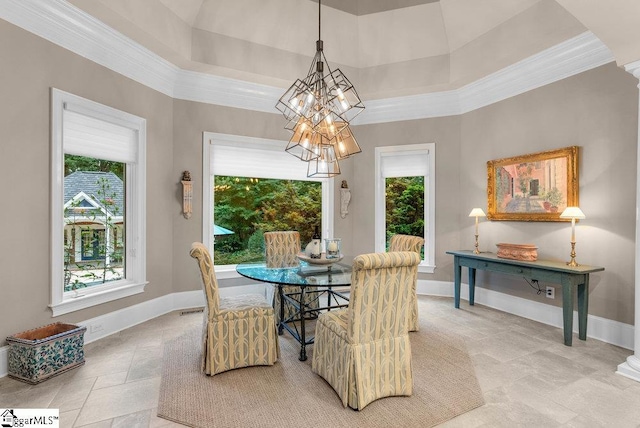 1212 Stillwater Dr, Seneca, SC 29678 - dining area featuring baseboards, a tray ceiling, crown molding, and a notable chandelier