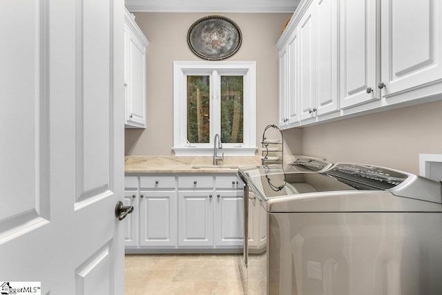 1212 Stillwater Dr, Seneca, SC 29678 - clothes washing area with ornamental molding, independent washer and dryer, a sink, and cabinet space