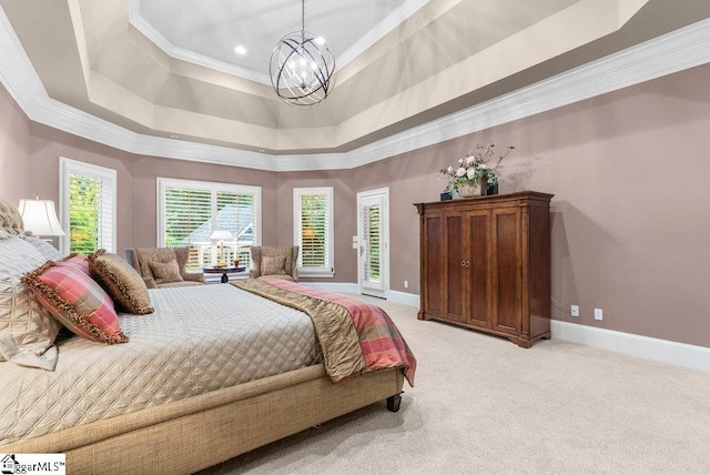 1212 Stillwater Dr, Seneca, SC 29678 - bedroom featuring a tray ceiling, crown molding, light carpet, a chandelier, and baseboards
