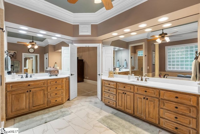 1212 Stillwater Dr, Seneca, SC 29678 - full bath with marble finish floor, ornamental molding, two vanities, and a sink