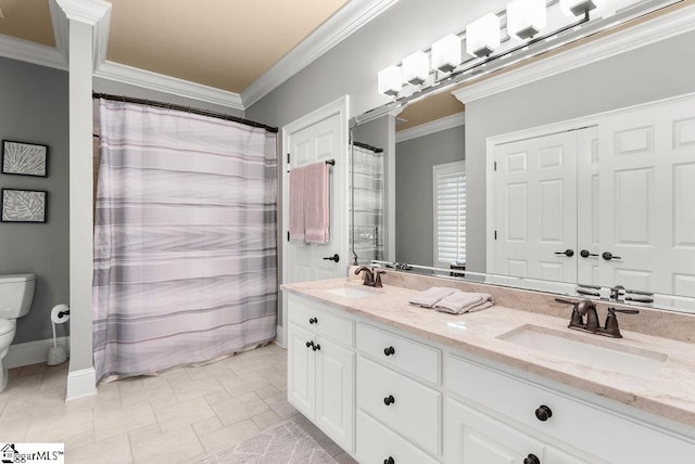1212 Stillwater Dr, Seneca, SC 29678 - full bathroom featuring ornamental molding, a sink, toilet, and double vanity