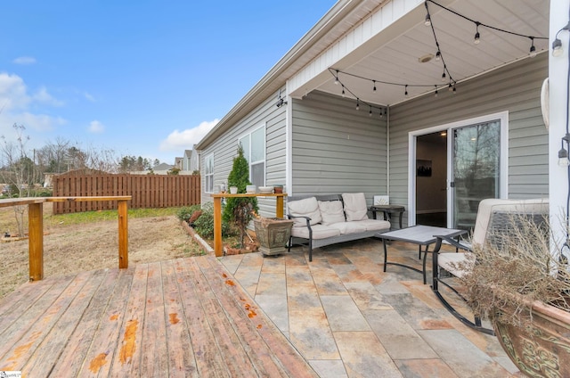 deck with fence and an outdoor hangout area