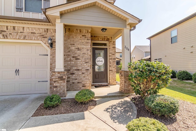 property entrance featuring stone siding, board and batten siding, and brick siding