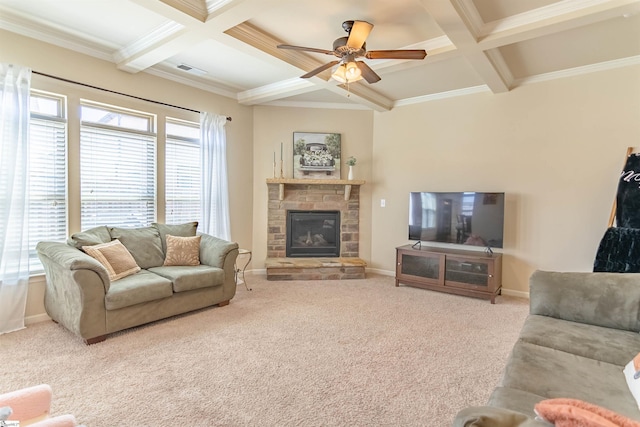 living room featuring carpet floors, coffered ceiling, and baseboards