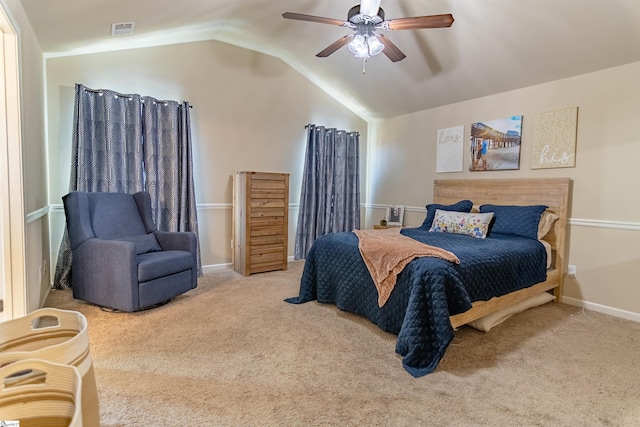 bedroom with visible vents, baseboards, lofted ceiling, ceiling fan, and carpet