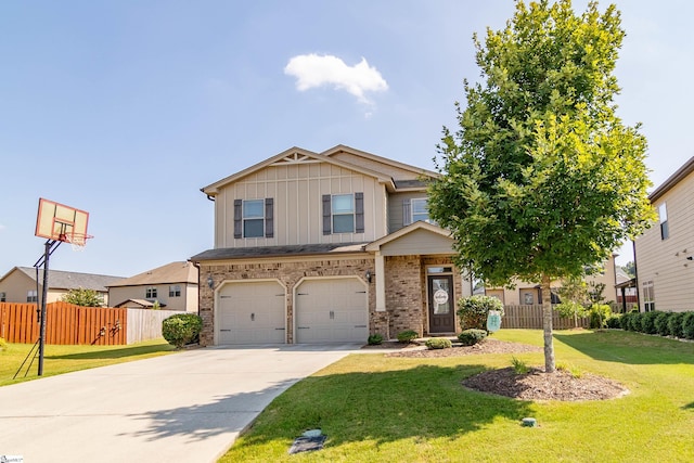 craftsman-style home featuring brick siding, board and batten siding, a front yard, fence, and driveway