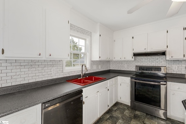 kitchen with dark countertops, dishwashing machine, stainless steel electric range, under cabinet range hood, and a sink