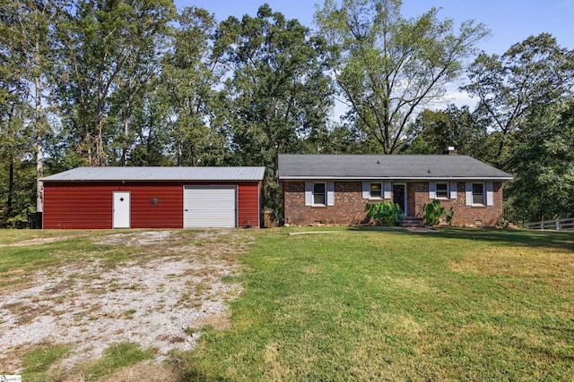 single story home featuring dirt driveway, crawl space, an outdoor structure, a front lawn, and brick siding