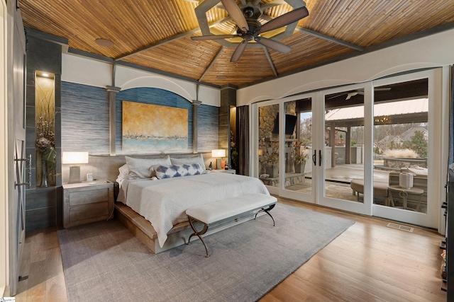 bedroom with access to exterior, wooden ceiling, visible vents, and wood finished floors