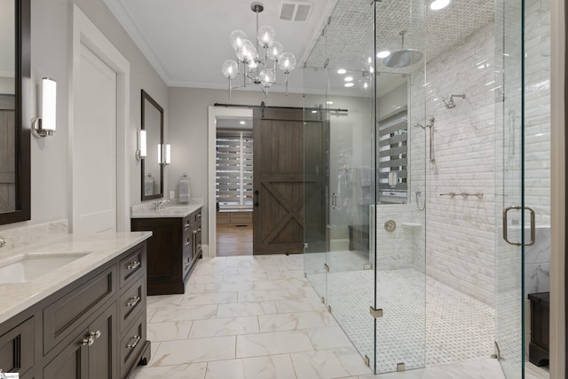 full bath featuring marble finish floor, a sink, visible vents, and crown molding