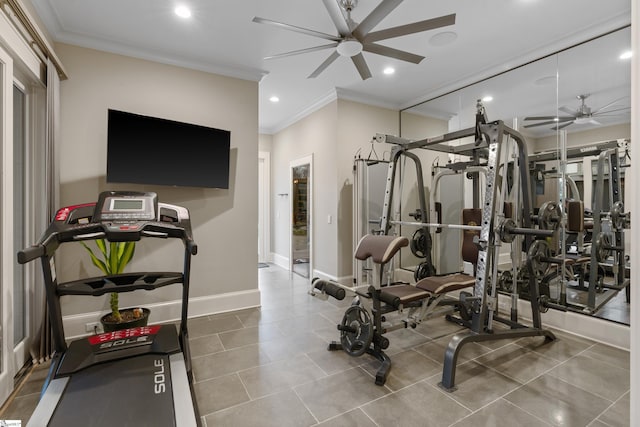 workout area featuring recessed lighting, ornamental molding, ceiling fan, baseboards, and tile patterned floors