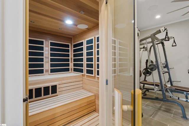 view of sauna featuring recessed lighting