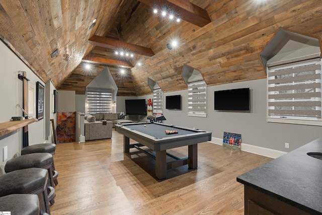 rec room with billiards, baseboards, wooden ceiling, light wood-style flooring, and beam ceiling