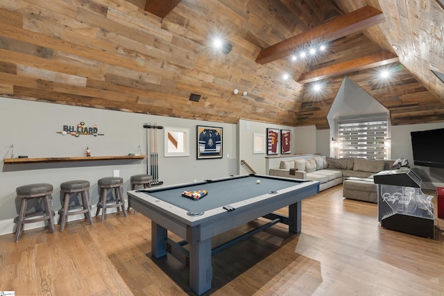 rec room featuring wooden ceiling, pool table, wood finished floors, a dry bar, and beamed ceiling