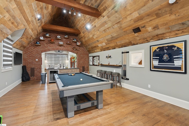 playroom with vaulted ceiling with beams, beverage cooler, light wood-type flooring, wooden ceiling, and billiards