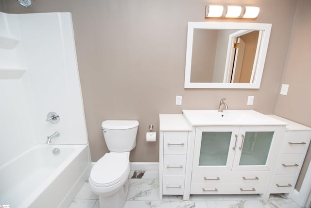 bathroom with toilet, marble finish floor, bathtub / shower combination, and vanity