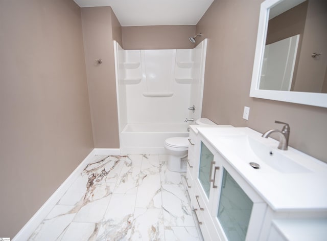 bathroom featuring toilet, shower / bath combination, vanity, baseboards, and marble finish floor