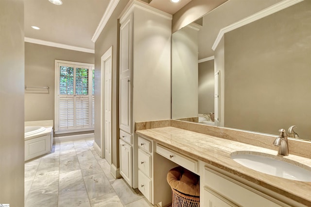 bathroom featuring recessed lighting, vanity, baseboards, a bath, and crown molding