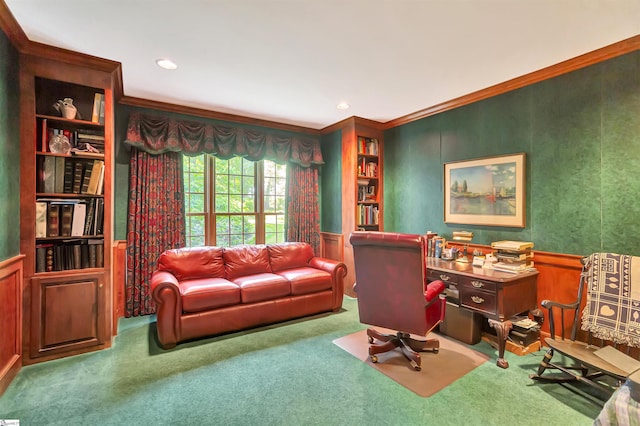 carpeted office with recessed lighting, ornamental molding, a decorative wall, and wainscoting