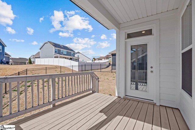 deck featuring a fenced backyard and a residential view