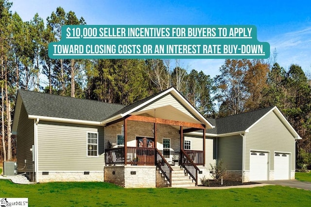 view of front of property with a garage, a porch, crawl space, central air condition unit, and a front lawn