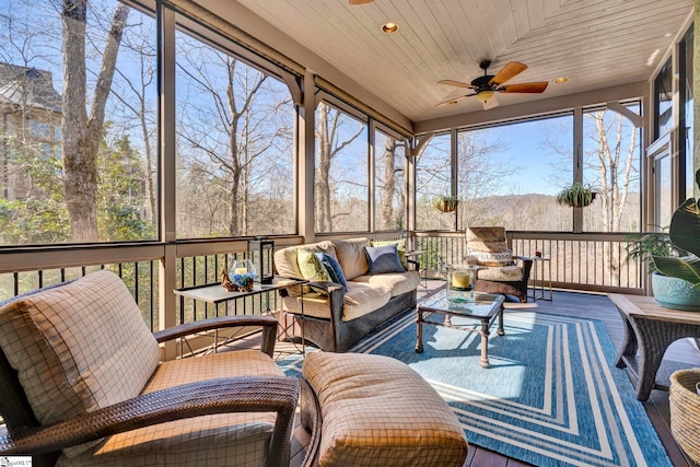 sunroom featuring wood ceiling and ceiling fan