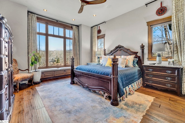 bedroom featuring light wood finished floors, ceiling fan, and multiple windows