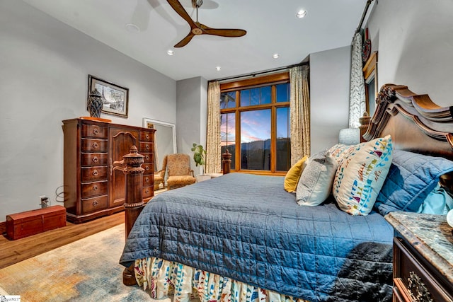 bedroom with recessed lighting, ceiling fan, and wood finished floors