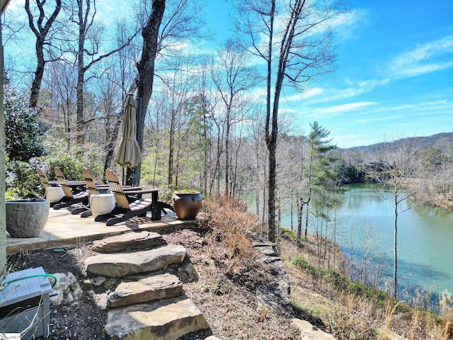 exterior space featuring a wooded view