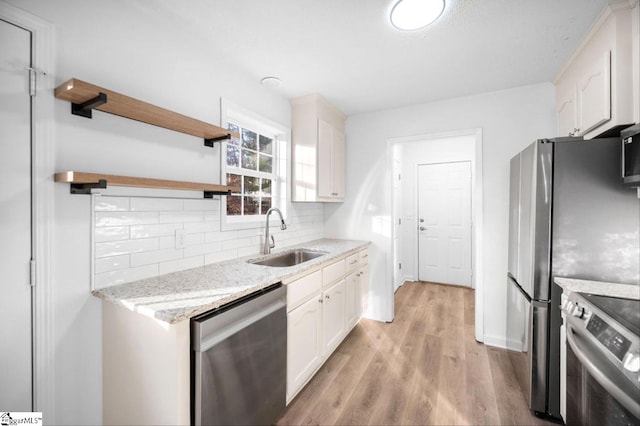 kitchen featuring stainless steel appliances, tasteful backsplash, white cabinets, a sink, and light wood-type flooring