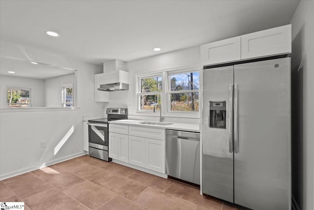 kitchen featuring stainless steel appliances, a healthy amount of sunlight, white cabinets, a sink, and under cabinet range hood