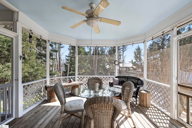 sunroom / solarium featuring a ceiling fan and a healthy amount of sunlight