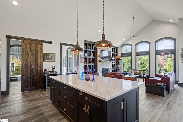 kitchen featuring high vaulted ceiling, a barn door, a large fireplace, wood finished floors, and open floor plan