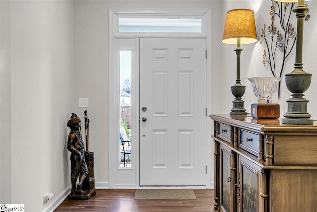 foyer entrance featuring dark wood-type flooring, a wealth of natural light, and baseboards