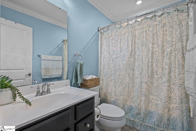 full bath with ornamental molding, vanity, toilet, and curtained shower