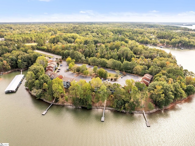 birds eye view of property with a water view and a view of trees