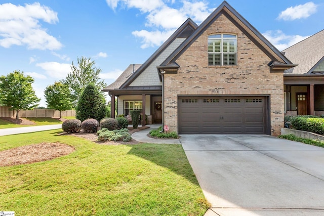 view of front of house featuring fence, a front lawn, concrete driveway, and brick siding