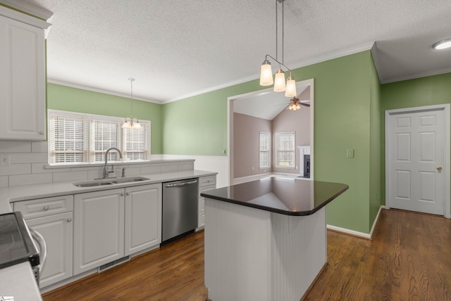 kitchen featuring dark wood finished floors, white cabinets, dishwasher, and a sink