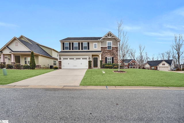 craftsman house featuring driveway, stone siding, a garage, and a front yard