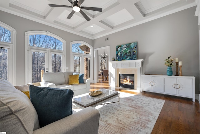 living area featuring coffered ceiling, a glass covered fireplace, dark wood-style flooring, a high ceiling, and beam ceiling
