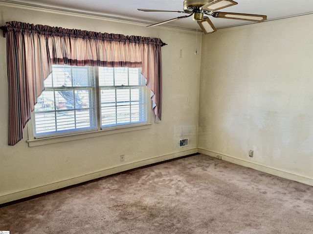 unfurnished room featuring ceiling fan, a baseboard radiator, carpet flooring, and baseboards