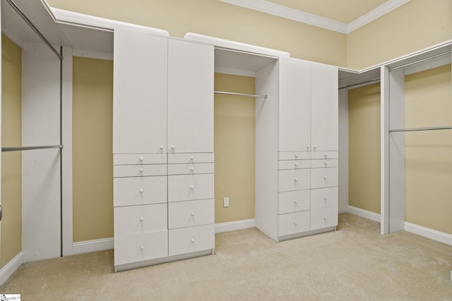 walk in closet featuring light colored carpet