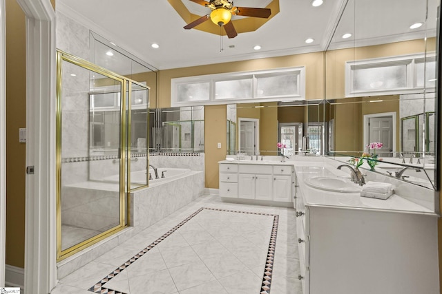 full bath featuring a garden tub, crown molding, recessed lighting, a stall shower, and vanity