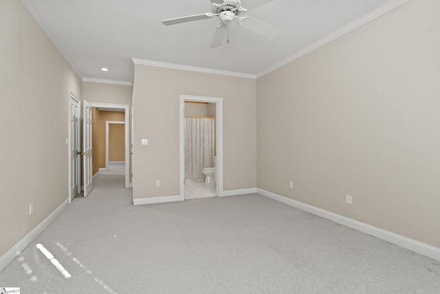 unfurnished bedroom with baseboards, connected bathroom, light colored carpet, crown molding, and recessed lighting