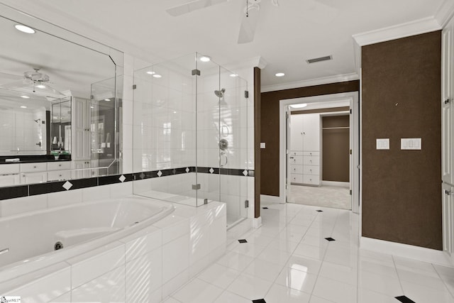 full bath with visible vents, ornamental molding, a stall shower, ceiling fan, and a bath