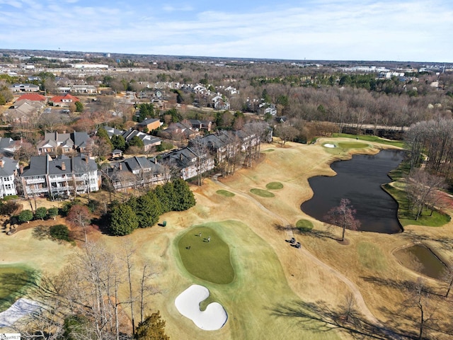 aerial view featuring a water view and golf course view